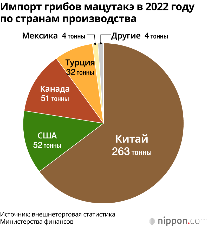Импорт грибов мацутакэ в 2022 году по странам производства