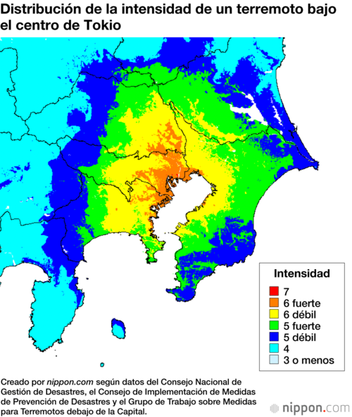Distribución de la intensidad de un terremoto bajo el centro de Tokio