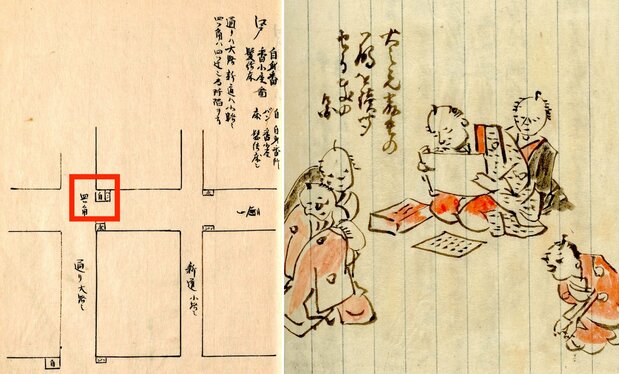 （左）『守貞漫稿 巻4』に描かれた自身番（赤枠）。家主の仕事場で四ツ辻（十字路）に立ち、町屋を管理していた。国立国会図書館所蔵 / （右）『藤岡屋日記』では、家主が火の元に注意せよという触書きを町人たちに読み聞かせている。東京都公文書館所蔵