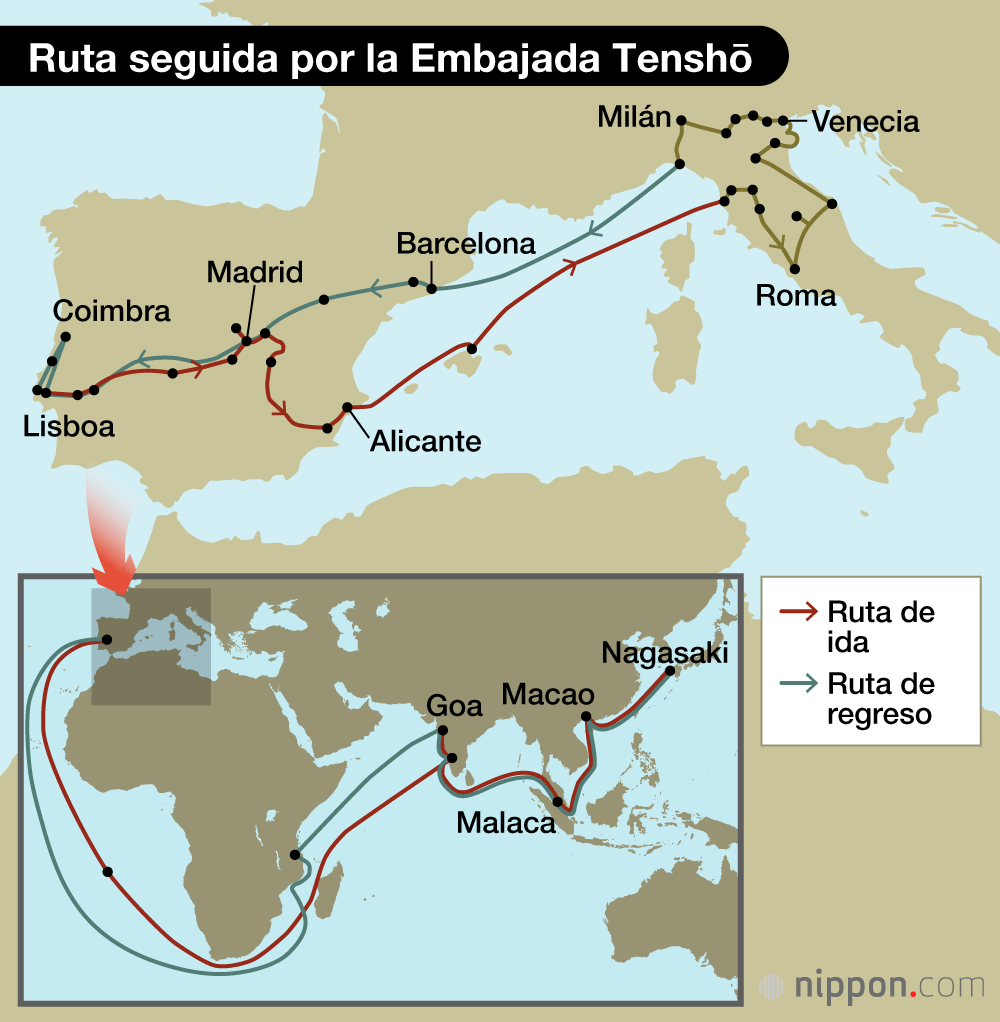 Ruta seguida por la Embajada Tenshō