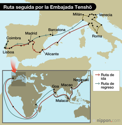Ruta seguida por la Embajada Tenshō