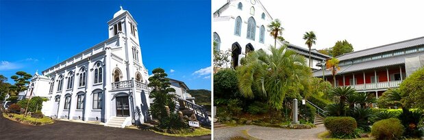 A la izquierda, la iglesia de Himosashi (Hirado), que fue la más grande de Japón entre 1945, cuando la de Urakami (Nagasaki) quedó destruida a consecuencia de la bomba atómica, y 1959, año de su reconstrucción (cortesía de la Organización de Turismo de Kyūshū). A la derecha, antiguo Arzobispado de Nagasaki, edificio diseñado por el sacerdote francés De Rotz y construido por Tetsukawa Yosuke junto a la iglesia de Ōura. Yosuke se enorgullecía de que su obra había salido indemne de la explosión de la bomba atómica. (Fotografía: Amano Hisaki)
