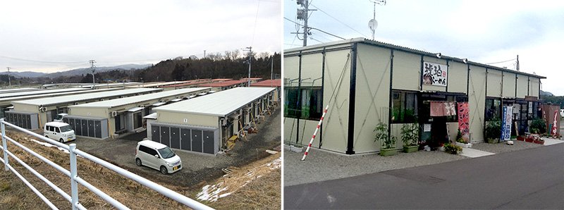 Prefabricated dwellings at the Matsukawa Number 1 temporary housing complex (left). People are still living there four years after the disaster. The complex has a noodle restaurant, run by a married couple from Iitate, and a small grocery store (right).