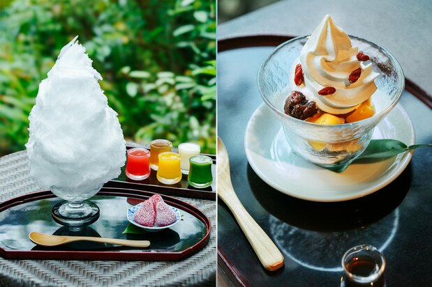 La fameuse glace pilée des Alpes du sud et de la chaîne Yatsugatake (gauche), et un warabi mochi anmitsu, dessert traditionnel japonais à base de cube d’agar-agar et de pâte de haricot rouge.