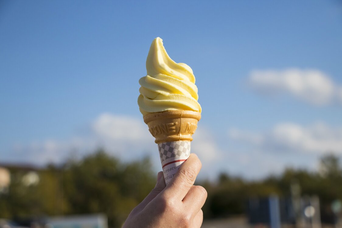 「道の駅 桜島　火の島めぐみ館」で人気の「桜島小みかんソフトクリーム」（250円）は、口の中に爽やかな甘さが広がる。旬を迎える冬場には、桜島大根や桜島小みかんも販売される