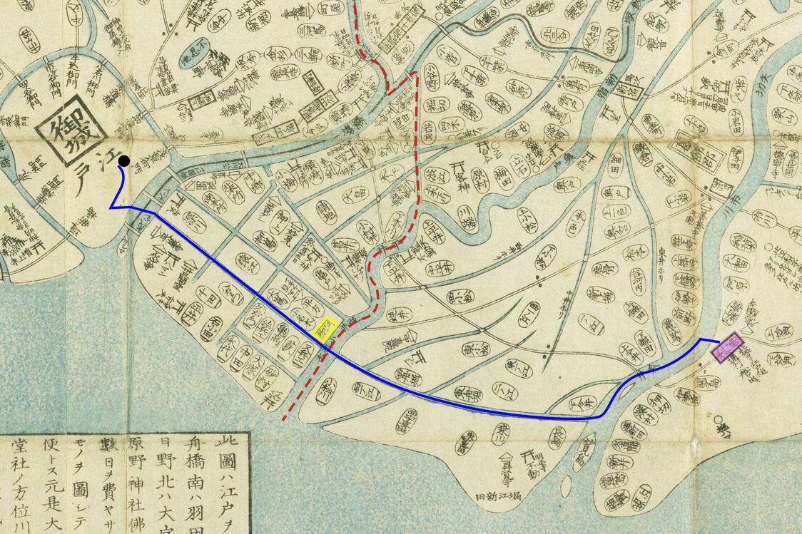 1825（文政8）年作成の『東都近郊図』（国会図書館蔵）の江戸から行徳までを切り抜いた。紫の囲みが「本行徳」、黄色が「ゴバン所」で、黒点が日本橋小網町、行徳船の航路を青い線で示した。赤い破線は文政時代（1818-30）に定められた江戸府内の境界線