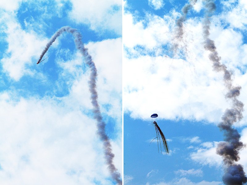 (Left) A ryūsei leaves a trail of white smoke as it hurtles into the sky. (Right) The ryūsei releases its parachute and fireworks payload.
