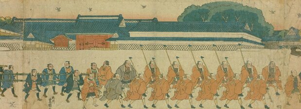 『加賀鳶の圖』 / 加賀藩の大名行列を警護する鳶(とび)たち。左奥に見える赤い門が、上屋敷の御殿門。現在の東大赤門だ。国立国会図書館所蔵
