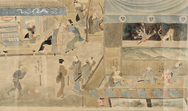 浅草奥山的扬弓场在中上部。扬弓场的图也出现在《扬弓场图》(神户市立博物馆)、《绘本吾妻绘》(立命馆大学)等画中,可见是一种广为人知的风俗。该图摘自《职人尽绘词》(模本,国立国会图书馆藏)
