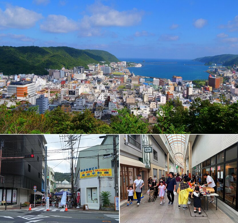 现在的名濑地区。浅水港湾经填海造地后,可停靠大型船舶。而奄美本通路(左下,原天文馆路)等商业街仍透着一股怀旧气息