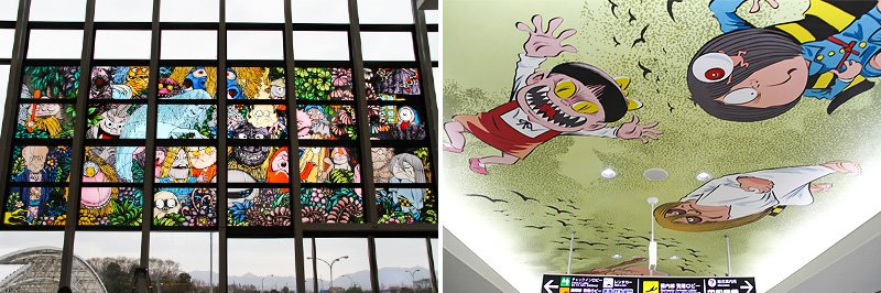 La nueva vidriera y el techo con dibujos en el aeropuerto de Yonago Kitarō.
