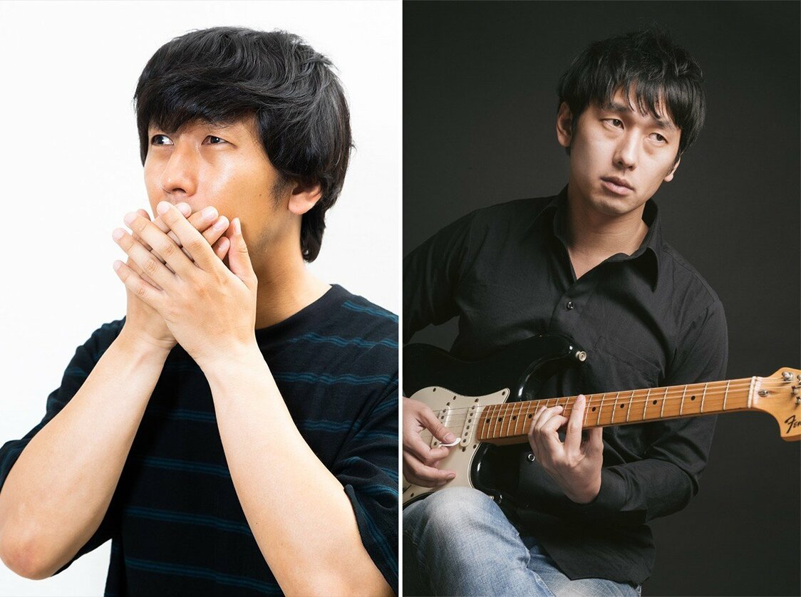 Ōkawa with hands over mouth (left) and posing with a guitar.