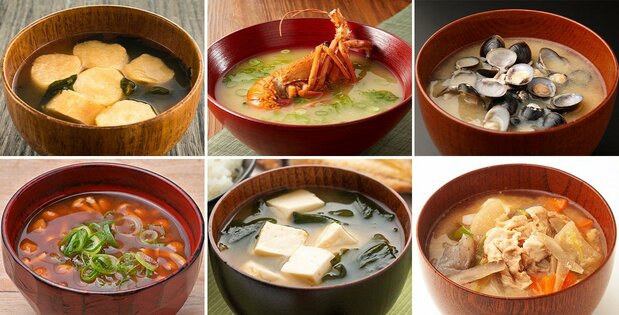 左から、上段「麩（ふ）とワカメ」「伊勢エビとアオサノリ」「シジミ」、下段「なめことネギ」「豆腐とワカメ」「豚汁」（PIXTA）