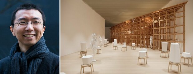 Photograph of Fujimoto Sōsuke (© David Vintiner; courtesy Sou Fujimoto Architects); model of the Grand Ring, Expo 2025 Osaka Kansai, Japan (rendering of an installation displaying the Grand Ring design). (© Sou Fujimoto Architects)