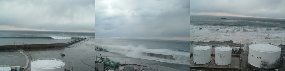 3月11日、想定を上回る津波が防波堤を越え、福島第一原子力発電所に近づいてくる。（写真＝東京電力）