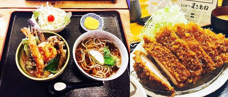 日式午餐经常出现的食物（天妇罗饭配荞麦面，以及很受欢迎的炸猪排）