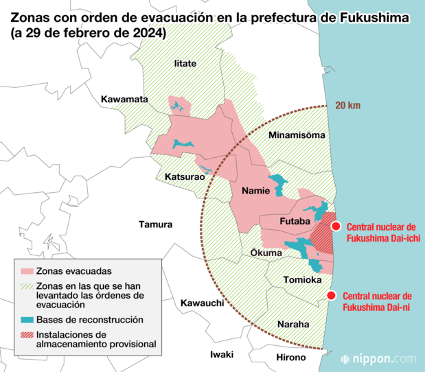 Zonas con orden de evacuación en la prefectura de Fukushima (a 29 de febrero de 2024)