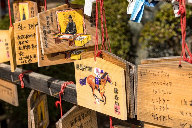 Las oraciones para la victoria son populares entre los aficionados a las carreras. Las ema para aprobar exámenes muestran al príncipe Toneri, el compilador del Nihon Shoki.