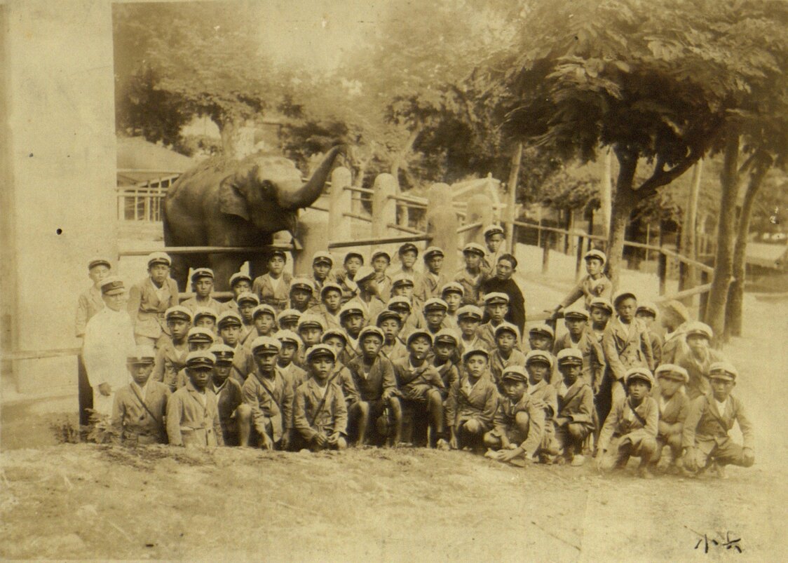 台湾東部の花蓮から台北に卒業旅行でやって来た花蓮港小学校6年生の学生らと台北動物園の象「マーちゃん」。まど・みちおさんも、このマーちゃんに会っていたかもしれない。1934年（呉宏仁 / 台北市立動物園百年史）