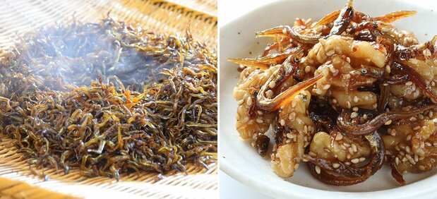 左:兵庫県「イカナゴくぎ煮」(写真提供:農林水産省「うちの郷土料理」)、右:小女子クルミ(PIXTA)