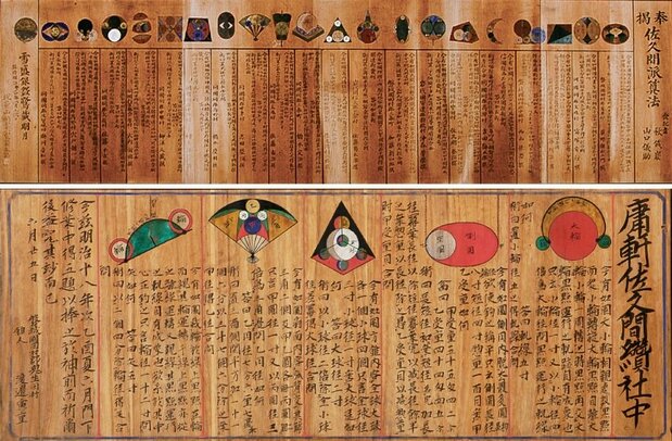 上段 : 秋田山龍隠院の算額(1893年奉納) 下段 : 小平潟天満宮の算額(1885年奉納)
