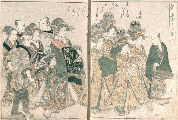 振袖新造のお披露目を描いた『青樓繪抄年中行事 新造出の図』。右にいる4人が新造デビューした遊女。左に晴れ姿を見つめる花魁と、その脇に禿。国立国会図書館所蔵