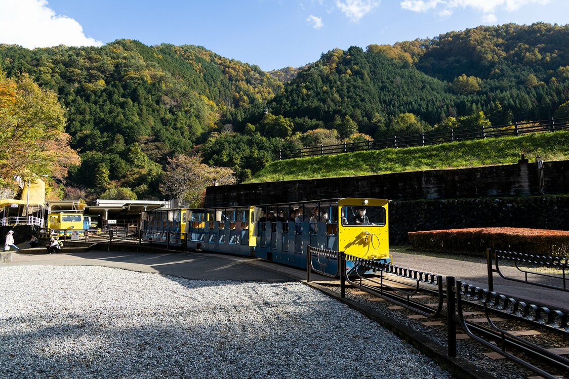 Desde la plaza por donde pasa el tren de vagonetas se puede bajar a la ribera del río Watarase.