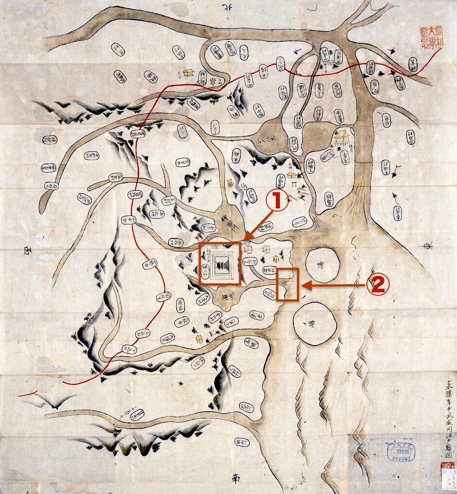 『永禄江戸圖』は北条が支配していた時代の江戸を推測して描かれたと考えられる絵図。①江戸城 ②日比谷入江。島根大学附属図書館デジタルアーカイブより