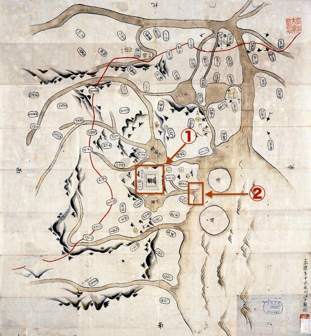 « Edo illustré, la période Eiroku (1558-70) » (Eiroku Edo Zu) montre comment était Edo du temps des Hôjô. (1) Château d’Edo (2) Crique de Hibiya. (Archives numériques de la bibliothèque de l’Université de Shimane)