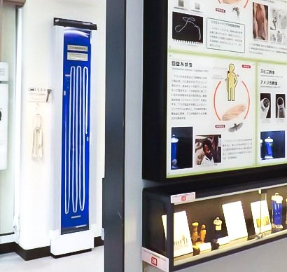 左侧陈列的展示品是全长8.8米的日本海裂头绦虫（真田虫）