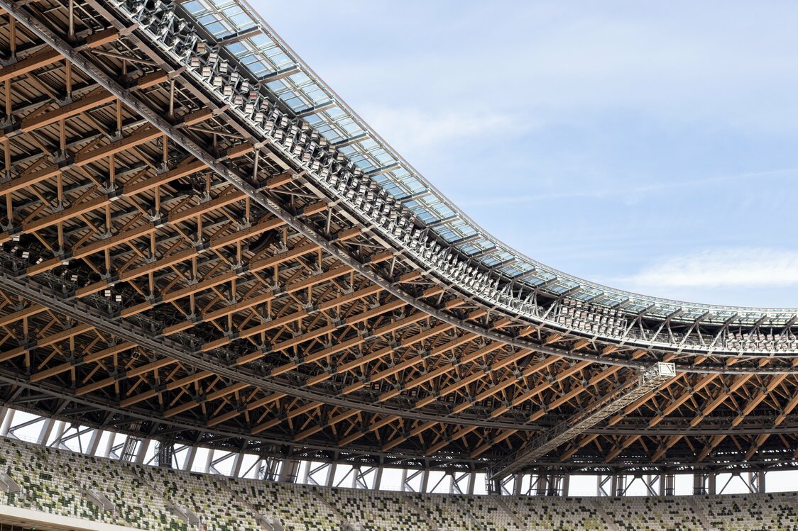 The structure supporting the 20,000-ton roof is made of wood and steel.