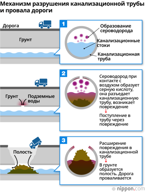 Механизм разрушения канализационной трубы и провала дороги