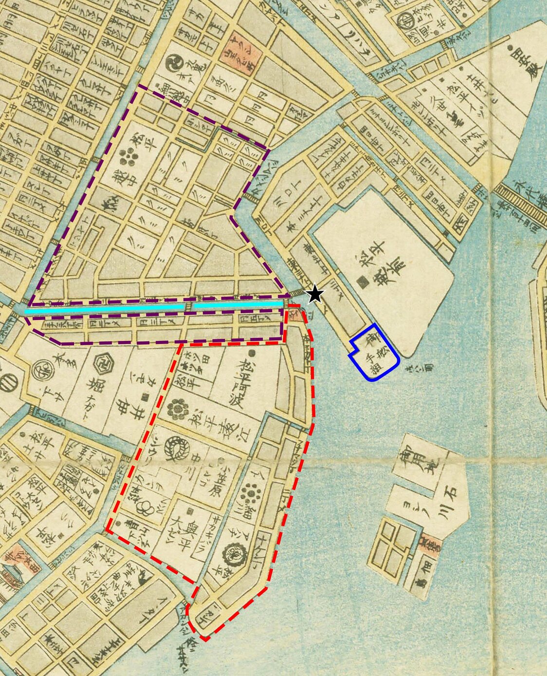 『安政改正御江戸大絵図』（1858年、国会図書館蔵）の一部。朱色の囲みが『鉄砲洲』と呼ぶ区域で、その上端にあるのが鉄砲洲稲荷神社。霊岸島の向井将監の屋敷を青、広重が描いた推定地を黒い星で示した。水色の線が八丁堀で、濃い紫の囲みが『八丁堀』と呼ばれた地域