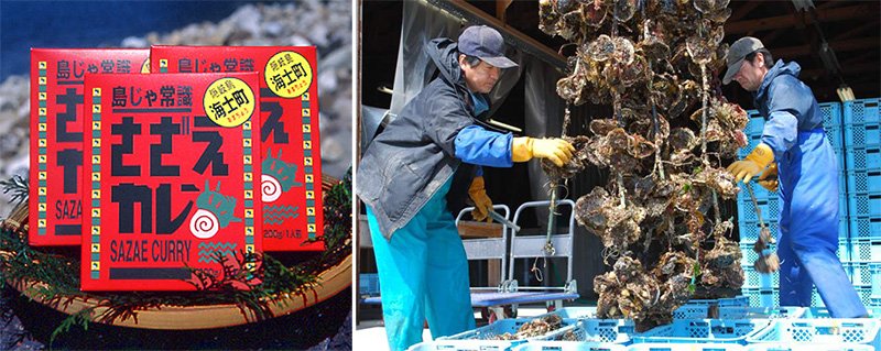 レトルトのさざえカレーとブランド岩ガキ「春香」の水揚げ場面