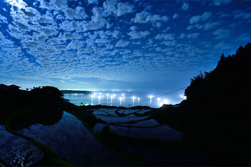 Los arrozales en terraza llenos de agua y las luces de las embarcaciones que faenan por la noche constituyen un paisaje singular que solo puede admirarse a principios de verano. Muchos fotógrafos se desplazan a la zona cada año (imagen cortesía de Mochiyoshi Katsumi).