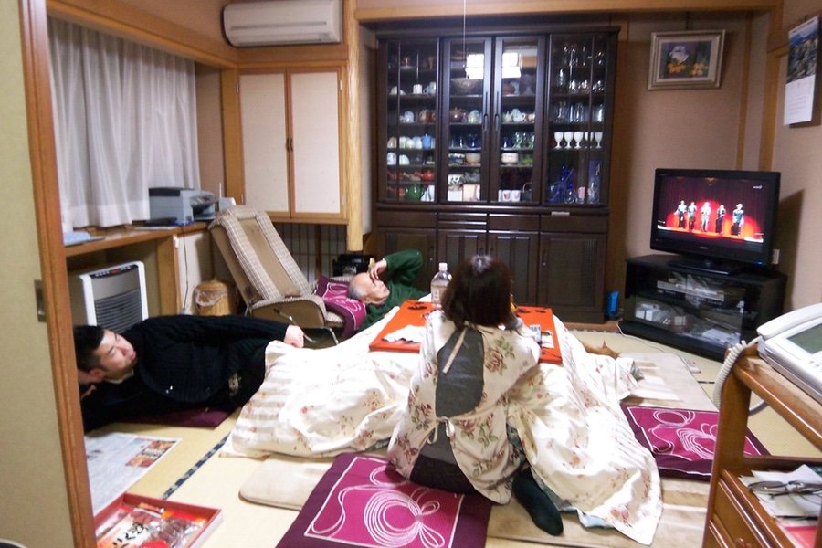 Watching television under the kotatsu.