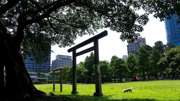 三板橋公墓(現為林森公園)裡,留有第7代臺灣總督明石元二郎的墓地。其墓地鳥居現仍留存當地(筆者攝影)