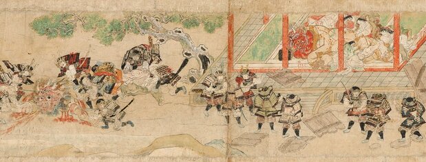 酒吞童子白天以巨人童子(右二)的姿态示人,晚上则变成鬼(《大江山酒吞童子绘卷物》/国立国会图书馆数字馆藏)
