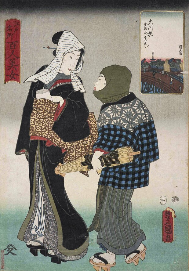 3代目豊国画『江戸名所百人美女』より『大川橋 里俗吾妻はし』(1857年 東京都立中央図書館特別文庫室所蔵)。黒の着物と、頭に掛けた手ぬぐいの端をかむのが夜鷹のトレードマーク。このシリーズで男性(妓夫)が登場するのは極めて珍しい