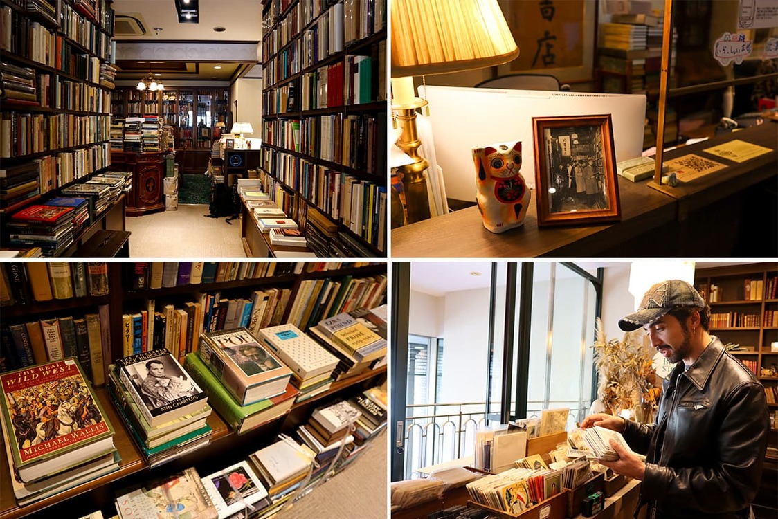 「北沢書店」店内には、創業者の北沢弥三郎さんが経営していた時代の写真が置かれていた（右上）