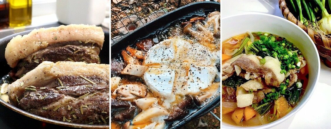 イノシシ肉を使ったさまざまなレシピ。左からロースイノシシ、イノシシとチーズのアヒージョ、イノシシうどん（狩チャンネル提供）