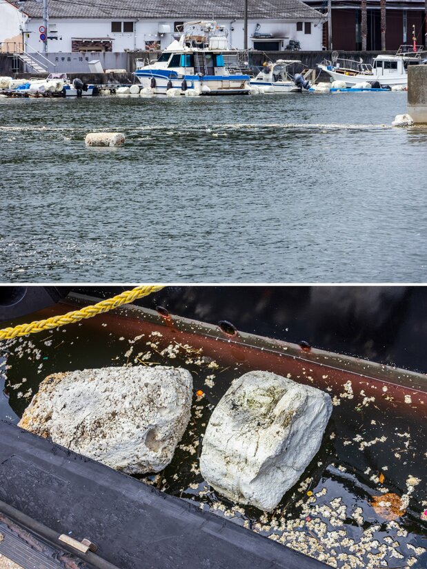 被海水冲到广岛市宇品海岸的浮标垃圾。这些垃圾一旦微塑料化,将对生态系统造成严重影响