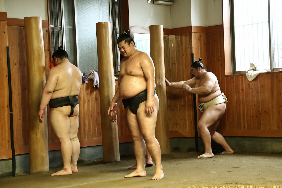 鉄砲は、柱に向かって、足で踏み込みながら片手ずつ突き押す。上腕を中心に上半身を鍛え、足の運びを身につける