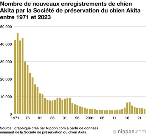 Nombre de nouveaux enregistrements de chien Akita par la Société de préservation du chien Akita entre 1971 et 2023