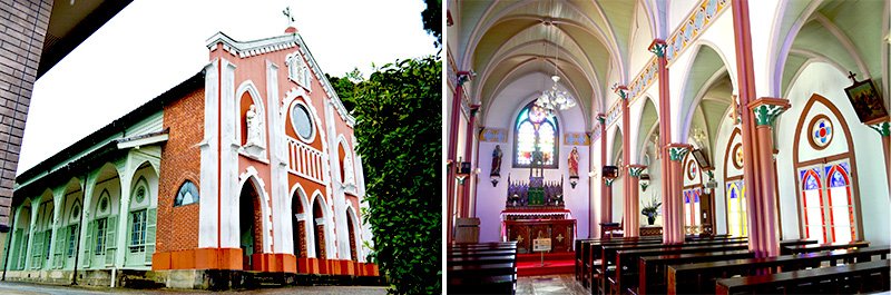 Iglesia de Hōki, con una fachada de ladrillo y muros laterales de madera.