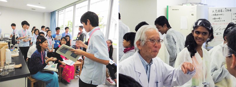 在横滨科学前沿高中进行的樱花科技计划高中生项目（左）；白川先生的实验教室（右）