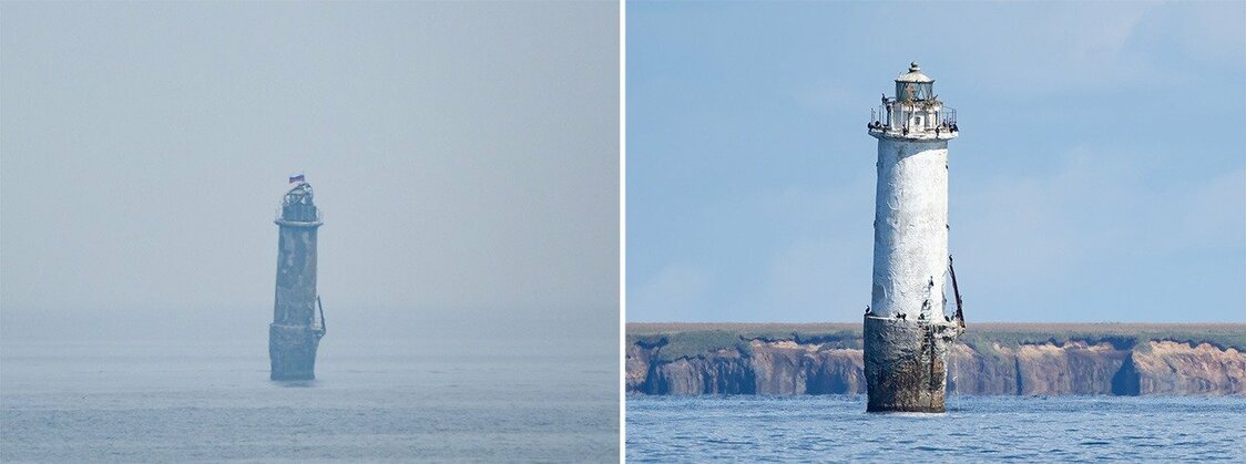 El faro de la isla de Kaigara, en el archipiélago Habomai de los Territorios del Norte, ha sufrido modificaciones por parte de Rusia. En julio de 2023 se observó una bandera nacional en lo alto de la edificación (foto de la izquierda, tomada por Itazawa Naoki, antiguo residente de tercera generación de la isla de Kunashiri). Posteriormente, pintaron la pared del faro de blanco y colocaron una cruz ortodoxa y otros artículos en la punta (foto de la derecha, tomada por un residente con un teleobjetivo desde el mar de la costa de Nemuro).