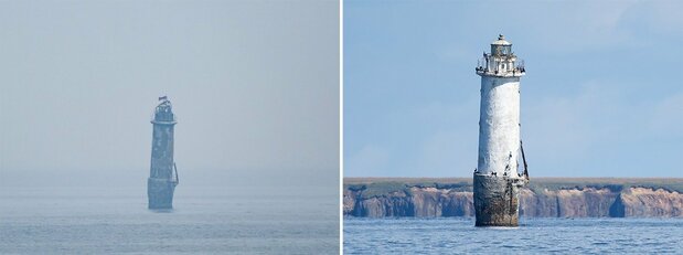 ロシア側による工作が進む北方領土歯舞群島貝殻島の灯台。2023年7月には灯台の上部にロシア国旗が確認された（写真左、根室市在住の国後島元島民3世、板澤直樹さん撮影）。続いて壁が白く塗られ、上部にはロシア正教会の十字架などが掲げられた（写真右、根室沿岸海域から望遠レンズで住民撮影）