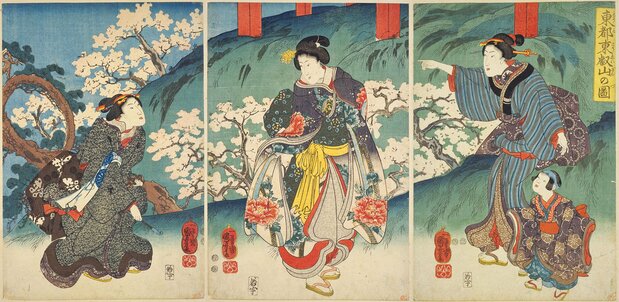 国芳の『東都東叡山の図』(国会図書館蔵)は、1847(弘化4)年から52年(嘉永5)年の間に発行された作品。3枚つづりの左端に月の松が登場する