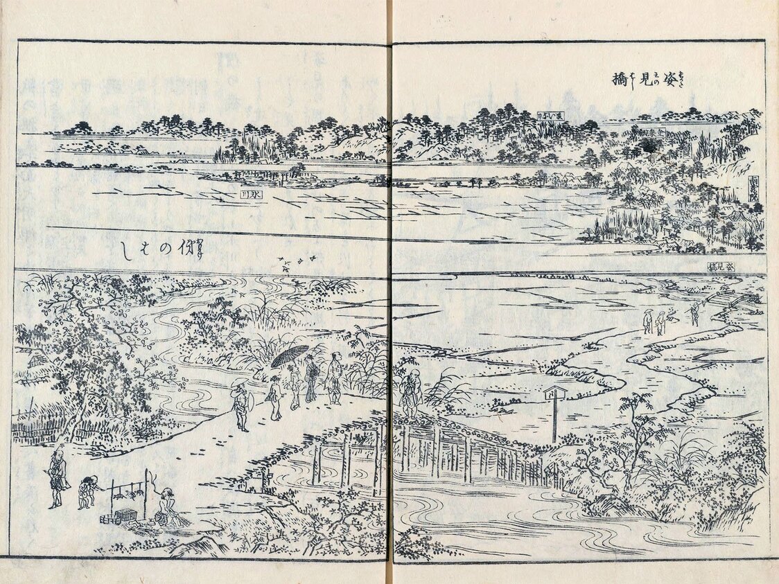 『江戸名所図会』7巻「姿見橋　俤のはし」（1836年頃刊、国会図書館蔵）は、広重と同じ方向を横構図で描いている。比較すると、広重が俤の橋を強調しているのがよく分かる
